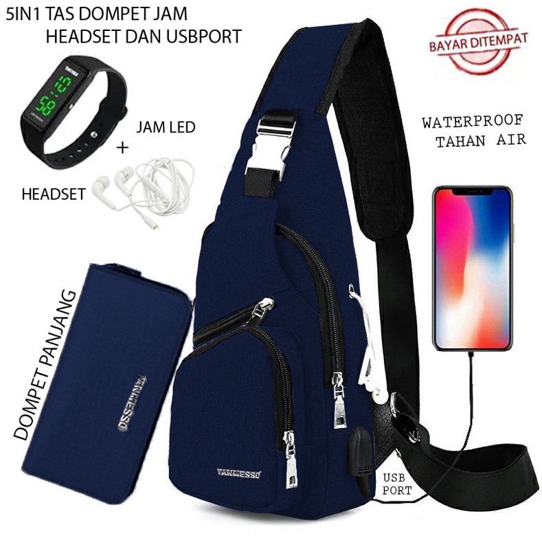 TANMESSO 5IN1 BAYAR DITEMPAT-BONUS JAM LED,DOMPET &amp; USBPORT&amp;HEADSET-- TAS SELEMPANG PRIA