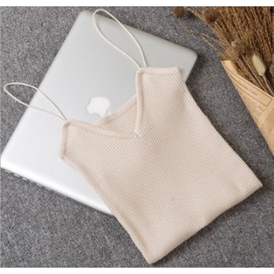 A01 Tanktop korea jepang tank top tali spaghetti V neck rajut lembut pakaian inner atasan wanita-Cream