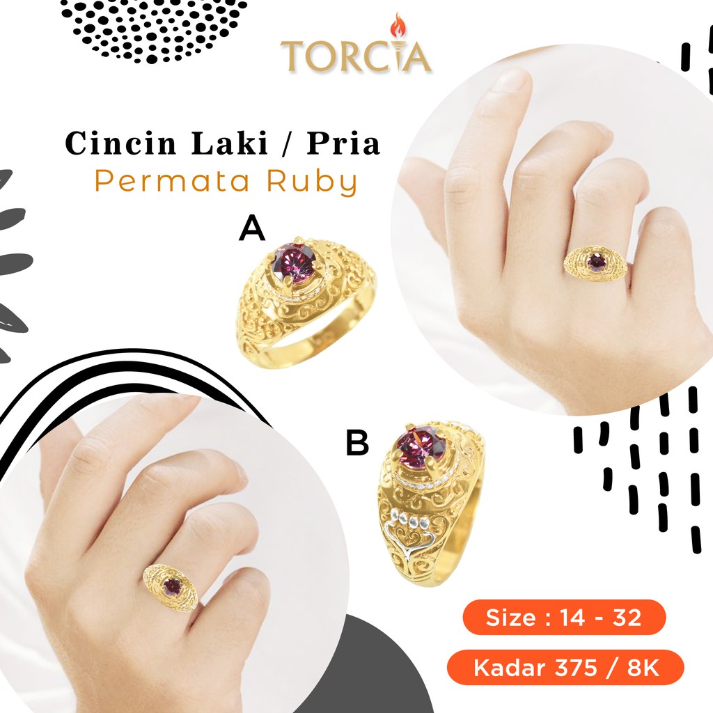 Cincin Emas Asli Laki / Pria Permata Ruby Kadar 375 Torcia