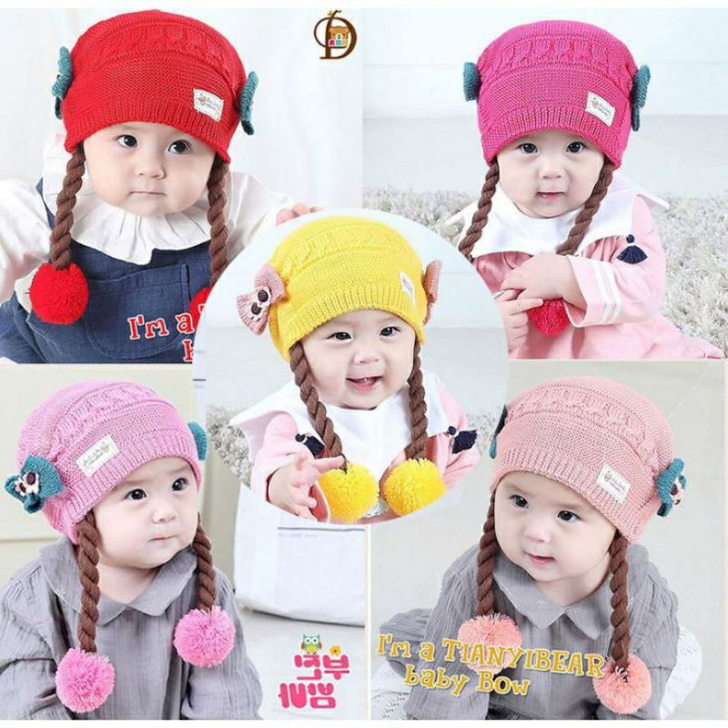 Topi  Bayi Kupluk Rambut Kepang Motif Pita / Baby Hat Wig / Topi Bayi Rambut