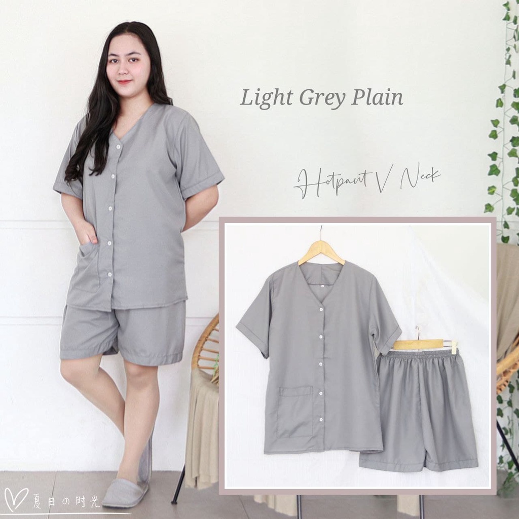 IZANY Piyama Dewasa Hotpant V Neck all size  / HP Celana Pendek  PLAIN Polos-LIGHT GREY PLAIN