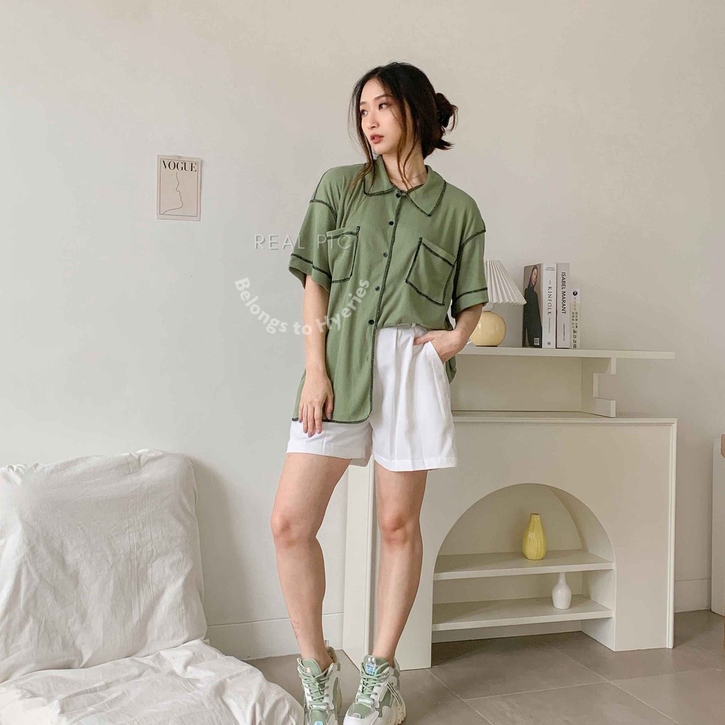 HYERIES Dabin shirt / Kemeja oversize / Pakaian Casual Wanita / Kemeja Polos Wanita / Kemeja jumbo bigsize / Atasan casual wanita / Atasan bumil / Rib blouse / Short sleeves shirt / Kemeja lengan pendek / Basic Shirt / Korea outfit / Knit oversized