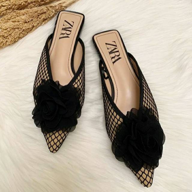 Zara Flat Mesh Mules with Flower