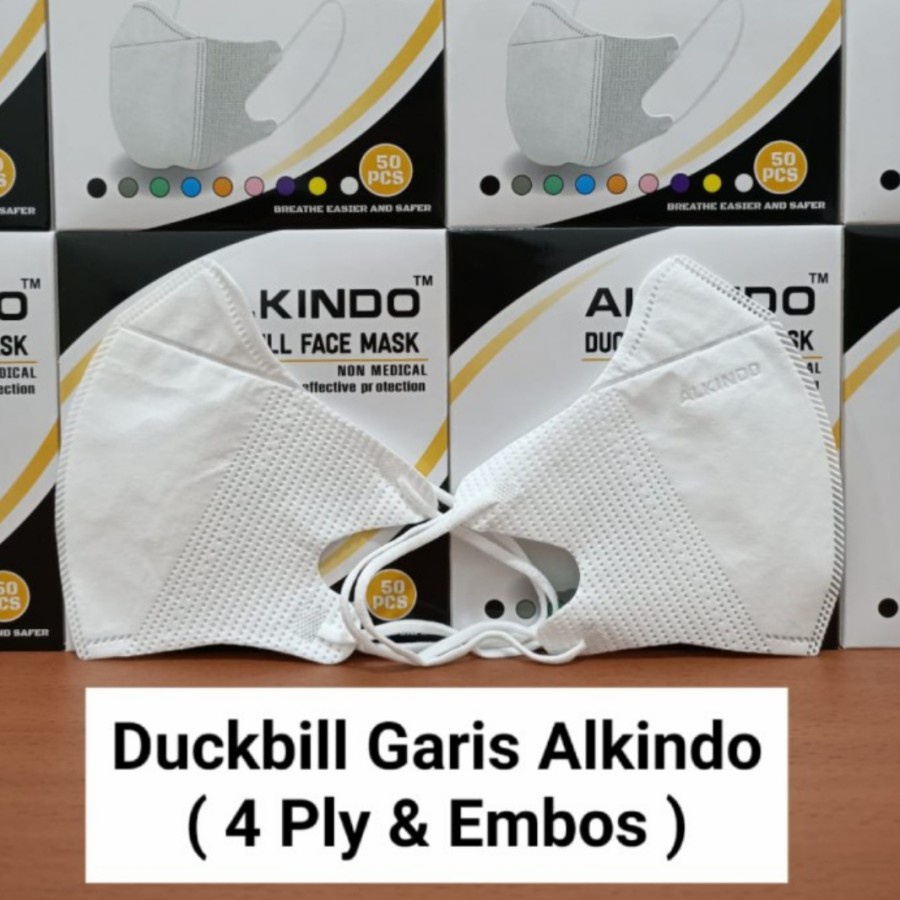 Masker Duckbill Alkindo 4 ply Earloop Black White Lapisan Hitam Putih Warna Cantol Telinga