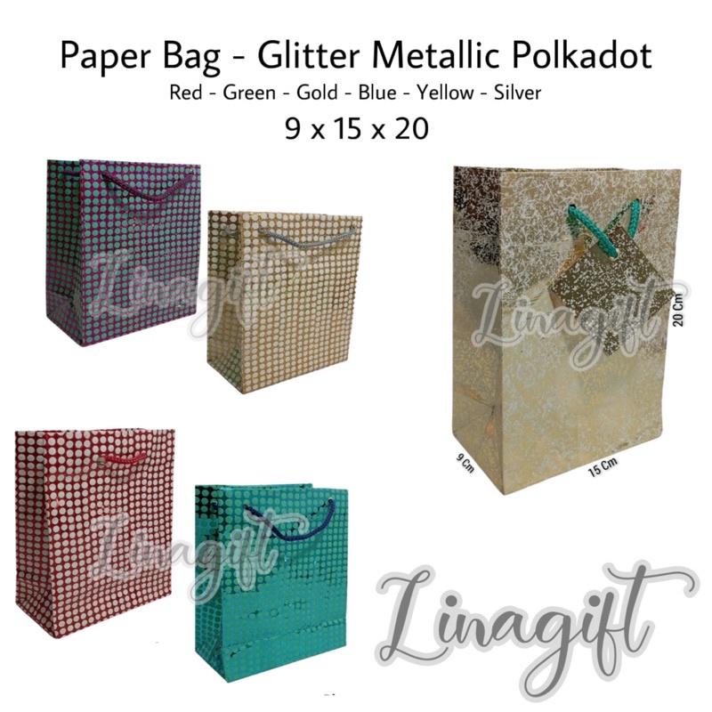 PAPERBAG METALIK - SHOPPING BAG PAPER BAG POLKADOT TAS KERTAS SOUVENIR GLITTER METALLIC EMAS SILVER GOLD GLOSSY HADIAH KADO NATAL XMAS