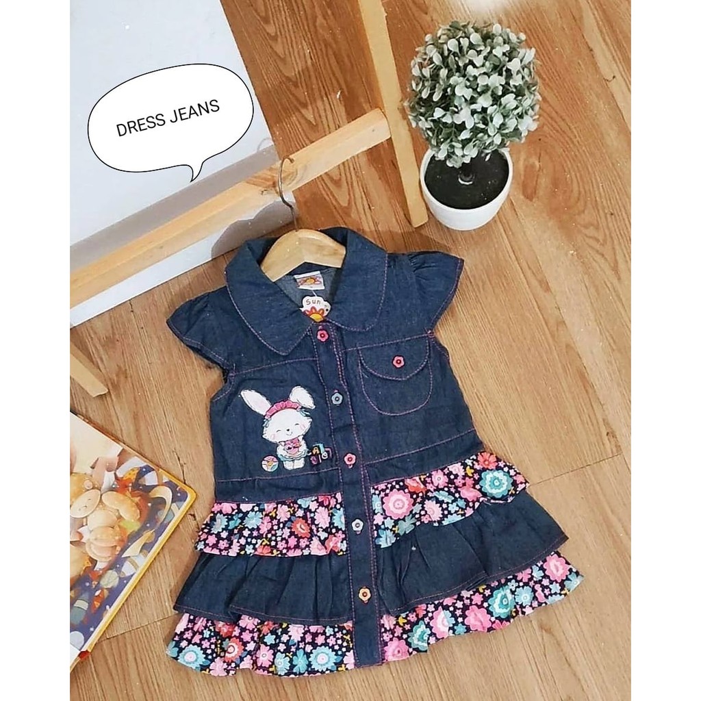 Klik Mds Dress Baju Anak Bayi Perempuan Jeans Bunga Ukuran M Dan L Usia 2-15 Bulan