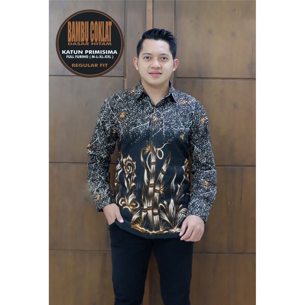 Bambu Coklat Kemeja Batik Pria Lengan Panjang Atasan Laki Laki Lapis Furing Modern Premium