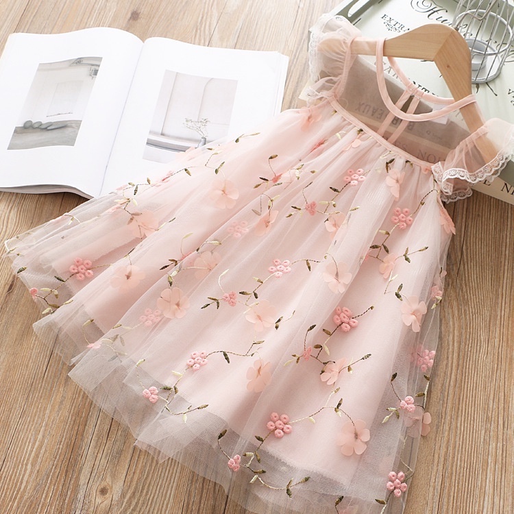 Dress import Anak Perempuan Gaun Bunga Pink Renda Bordir Dress Pesta