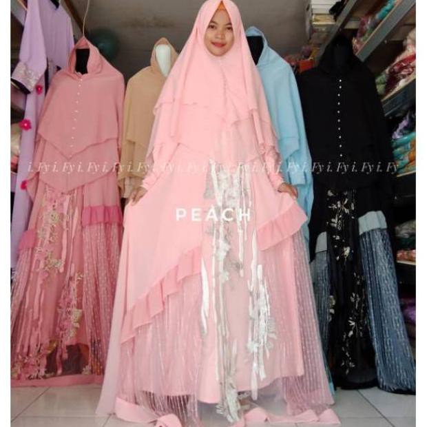 TERBARU SET GAMIS SYARI LEBARAN BAJU MUSLIM PESTA MEWAH CERUTY JERSEY JUMBO BORDIR 3D BROKAT KHIMAR