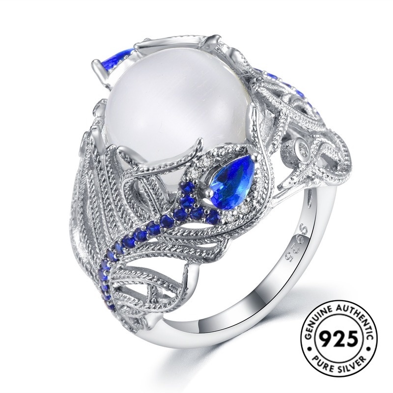 Cincin S925 Silver Desain Bunga Moonstone Gaya Elegan