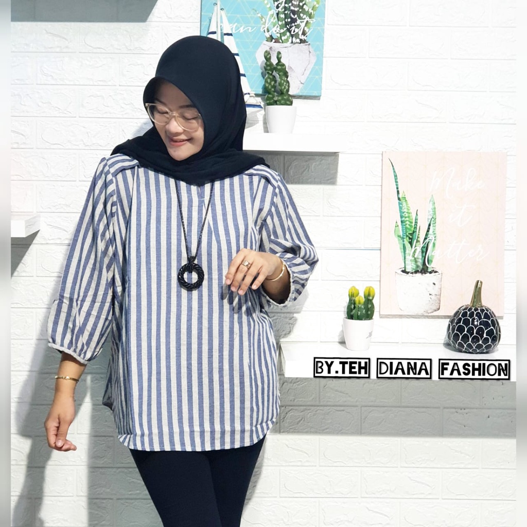 Atasan Wanita Jumbo / Blouse Wanita Jumbo / Baju Atasan Wanita Jumbo Serong Salur Import LD= 124 Cm-4