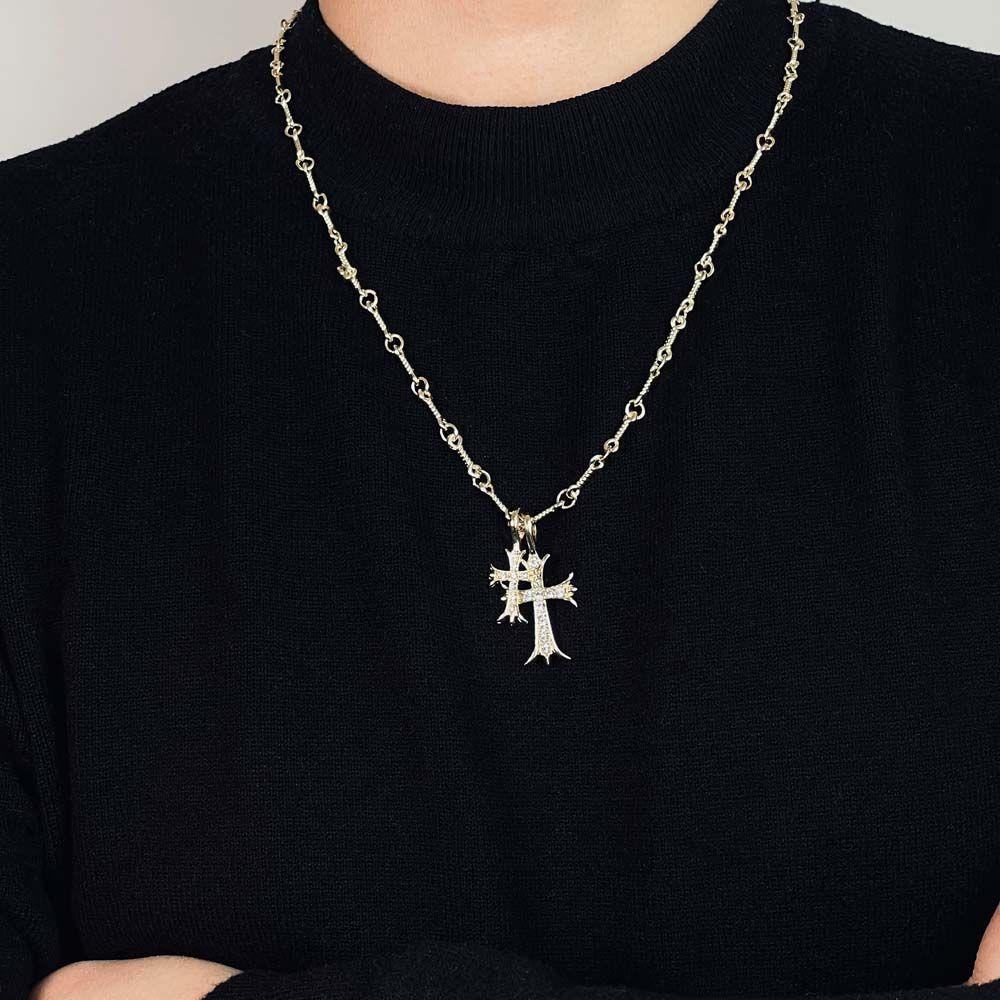 Mxbeauty Pria Kalung Punk Hip-hop Unik Emas Kalung Sweater Rantai Berlian Berlian Berlian Imitasi Zirkon Kalung Salib Ganda