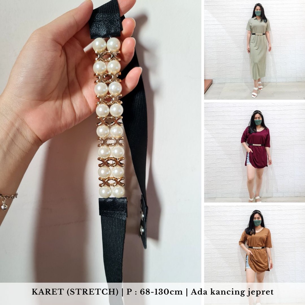 belt pearl mutiara karet merat rantai hitam elegant wanita