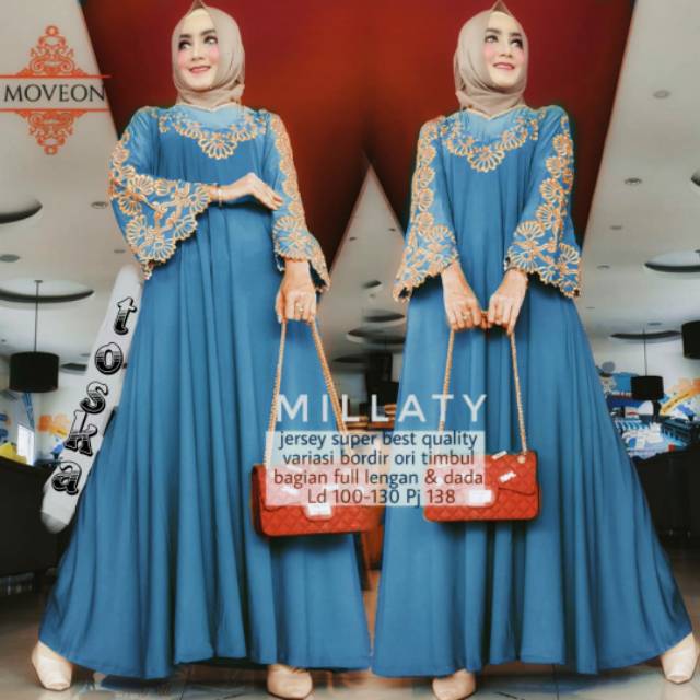 Millaty Maxy Millati Maxi Gamis Jumbo Jersey Motif Bordir xxxl Ld 130cm Arabian Abaya Gamis Lebaran Remaja Muslimah Terbaru Seragaman Pengajian Murah Mila Dress Wanita Muslimah Syar'i Gamis Polos Tebal Premium Warna Hitam Milati Maxi