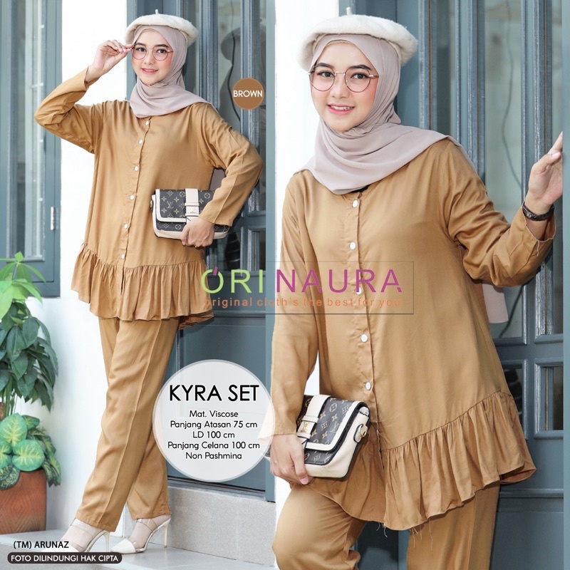 FIKRI NUMA KYRA SYADINDA ONE SET SETELAN WANITA BAHAN AIR FLOW crinkle ori by ori naura tulus signature-KYRA brown