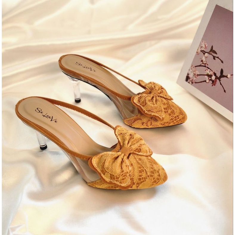 Arlaine- Imelda High Heels Wanita / Sepatu Heels Wanita / Heels Brukat Kaca / Heels 7cm / Heels Pesta / Selop Heels