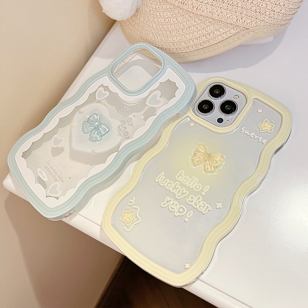 2in1 3D Busur Warna Macaron Cinta Hati Transparan Berbentuk Gelombang TPU Phone Case Cover Untuk Iphone X XR XS 11 12 13 14 PLUS PRO MAX