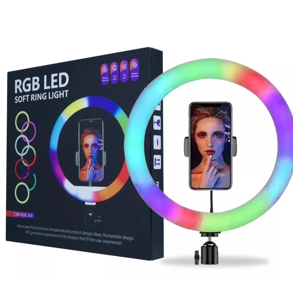 Ringlight 26cm Rainbow RGB Selfie Ring(PAKET KOMPLIT)+Tripod 2.1M+Holder-Satu Set Ring Light 26 cm Rainbow RGB-Ring Light Selfie HP &amp; Camera 1Set Lightning Photography TIik tok Livestreaming-Vlogger-Youtube