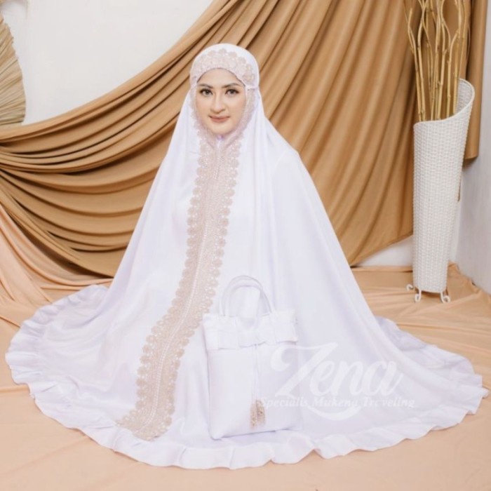 Terlaris mukena dewasa 2 in 1 velvet polos mukenah resleting renda nauraserries - putih yusrina