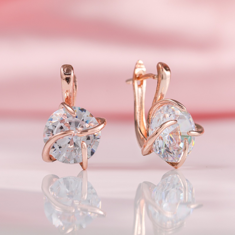 Anting Zircon Bentuk Bulat Warna Rose Gold Untuk Wanita