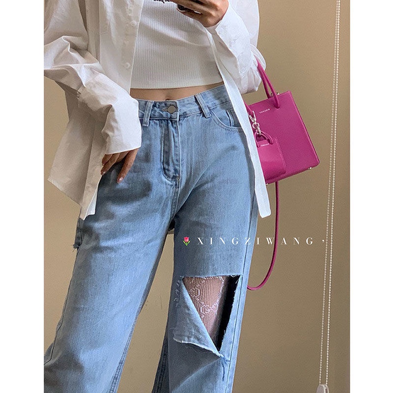 new korean celana jeans high waist wanita sobek