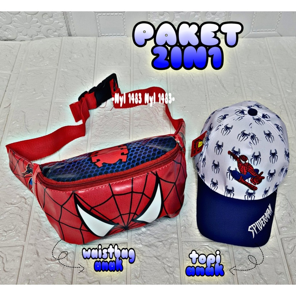 WAISTBAG ANAK LAKI LAKI, PEKET 2 IN 1 WESTBAG ANAK + TOPI ANAK LAKI LAKI SUPERHERO KARAKTER KARTUN