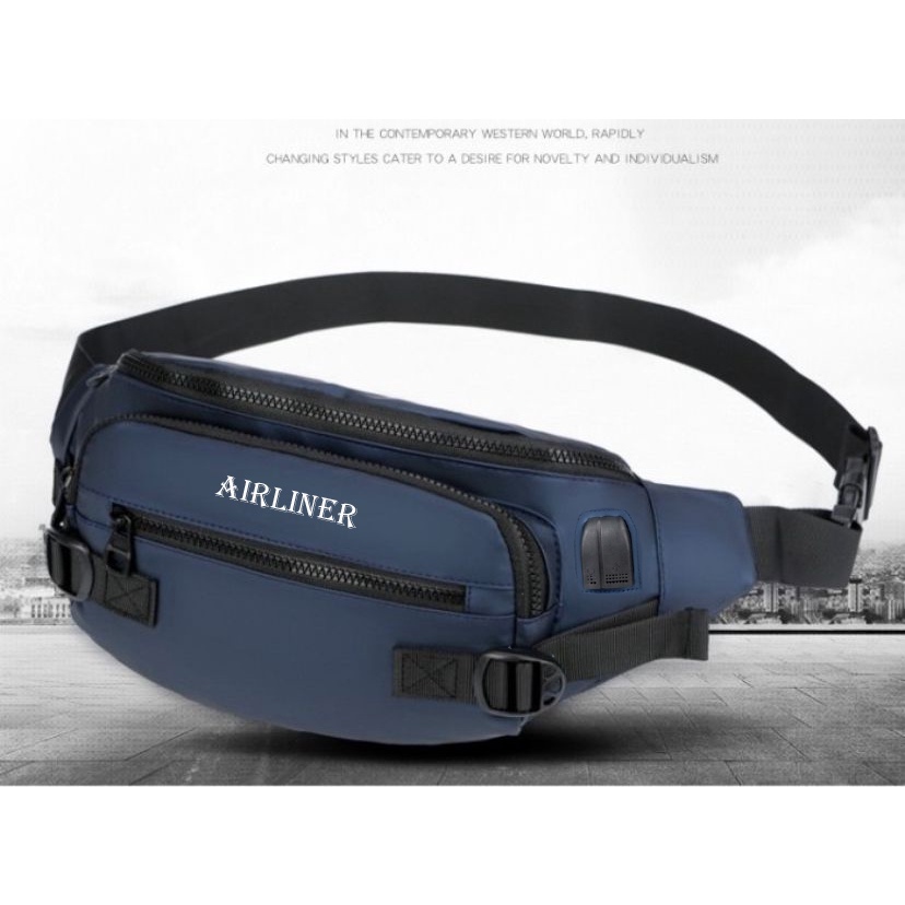 Tas Pinggang Pria Waistbag Import Waterproof Dual USB Portable Tas Sepeda Pria Tas Slempang Dada