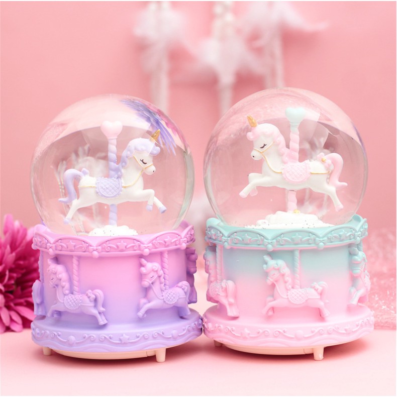 

Bola Kristal Berputar Unicorn Snowball Kotak Musik Bola Kristal +Salju +Lampu Warna Warni
