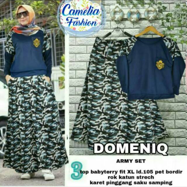 Army Set Blouse Atasan Babytery Rok Katun Strech Pingang Karet Domeniq Ori Camelia