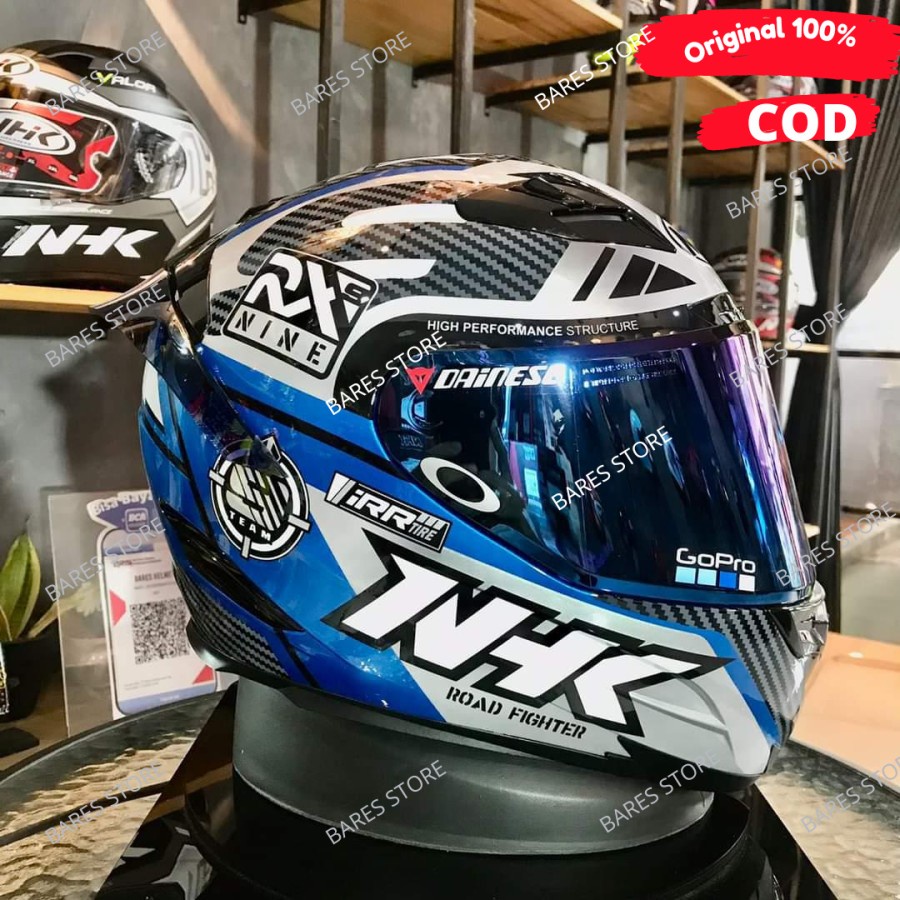 Helm motor full face original nhk rx9 racer blue paket ganteng sni double visor