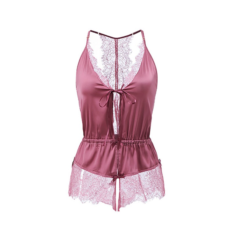 【Wetrose】Sexy Women Ice Silk Thin Transparent Lace Strap Crotchless Lingerie Jumpsuit Satin Romper