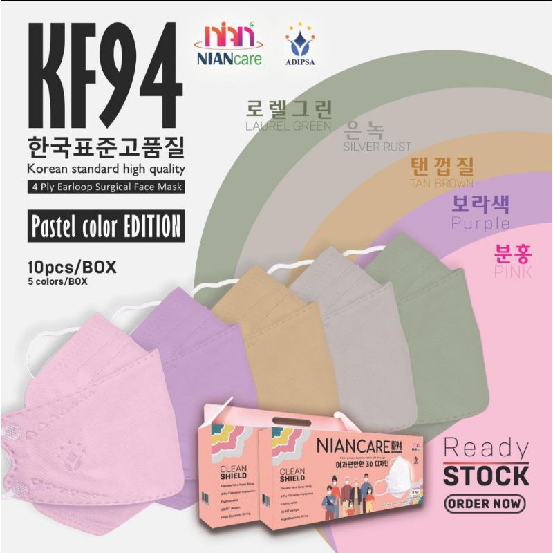 Masker KF94 Nian Pastel Color 4 Ply/Masker Medis KF94 Variasi 5 Warna Pastel/Masker Dewasa Earloop