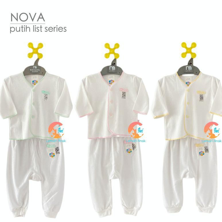 NEW COLLECTION NOVA Setelan Baju Bayi Lengan Panjang + Celana Panjang Putih List 0-3 Bulan