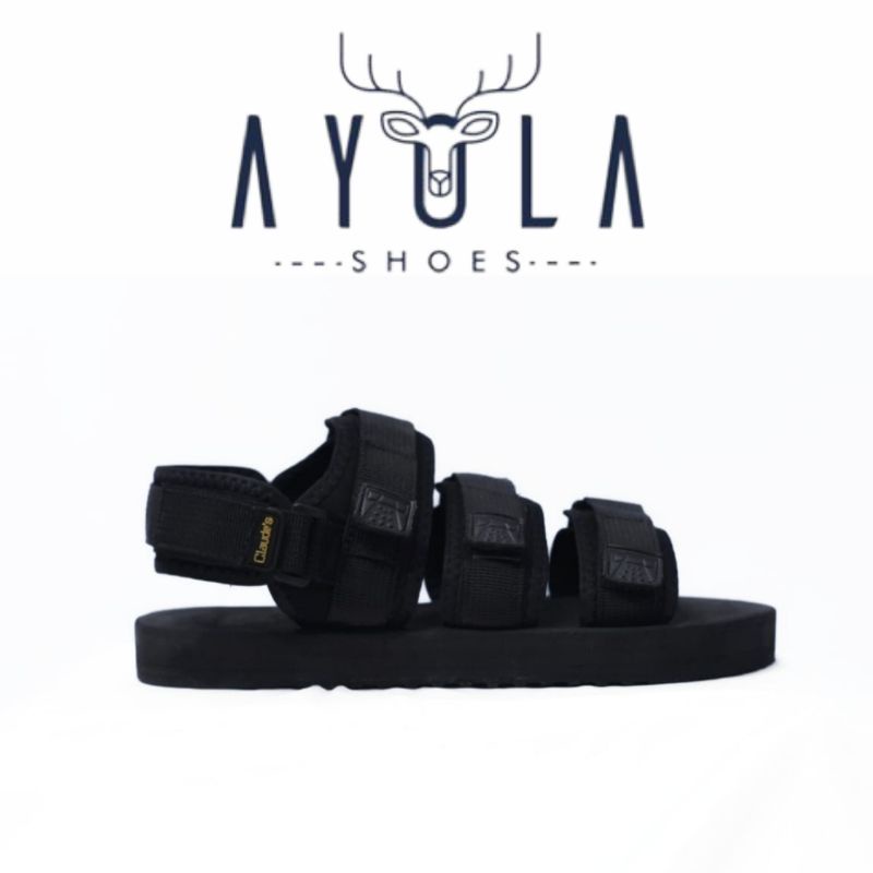 Sandal Gunung Pria Wanita Casual Full Black 3 Strap Ayola Shoes Project