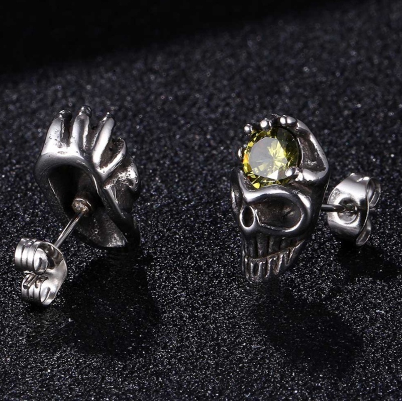 Men's  Punk Skull with Green Stone Hip Hop Rock  Earrings for Men Jewellery