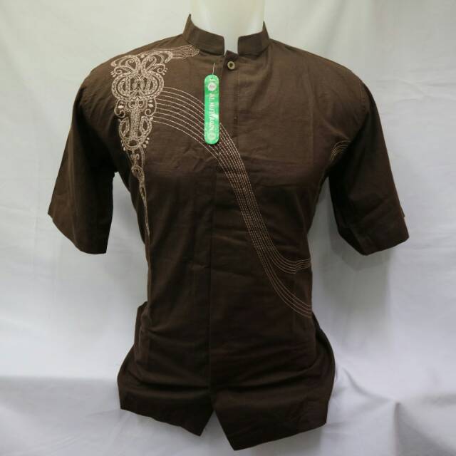 Busana Muslim Pria Kemeja Lengan Pendek Baju Koko Coklat Bordir Baju Muslim Murah Tanah Abang KSG013