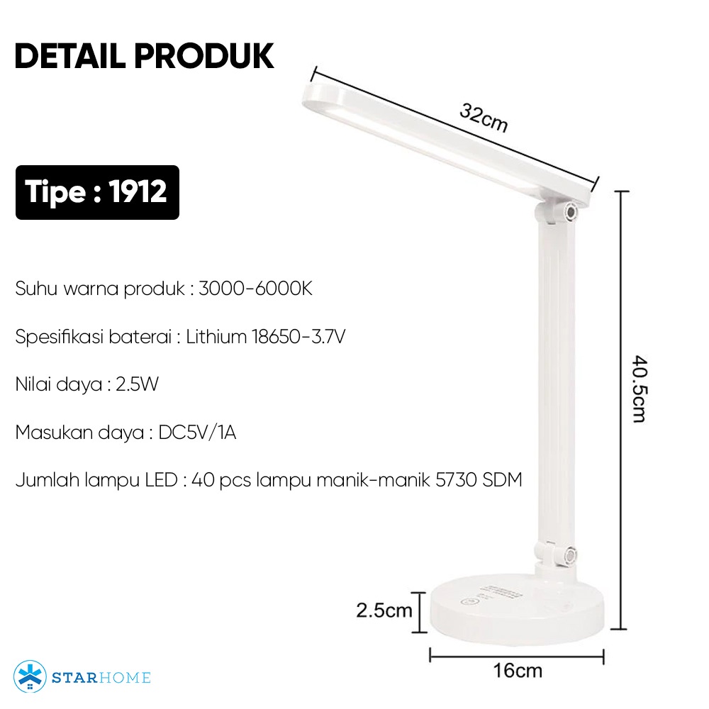 Lampu Meja LED Minimalis Lampu Belajar Lampu Meja Lampu Baca 3 Warna Lampu Emergency Lampu Kerja 1912