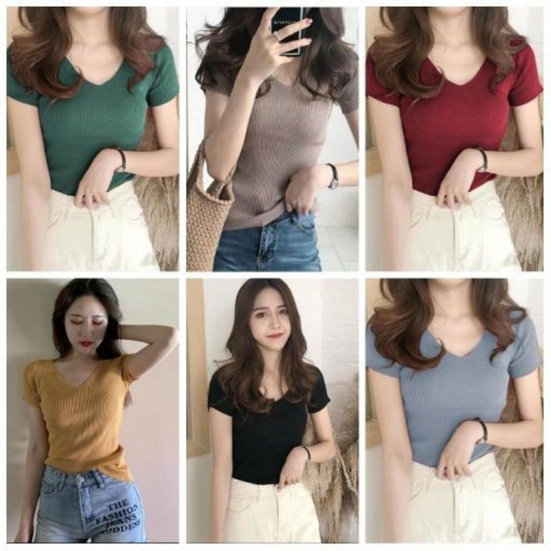 kaos Vneck rib lengan pendek/kaos cewek/atasan wanita