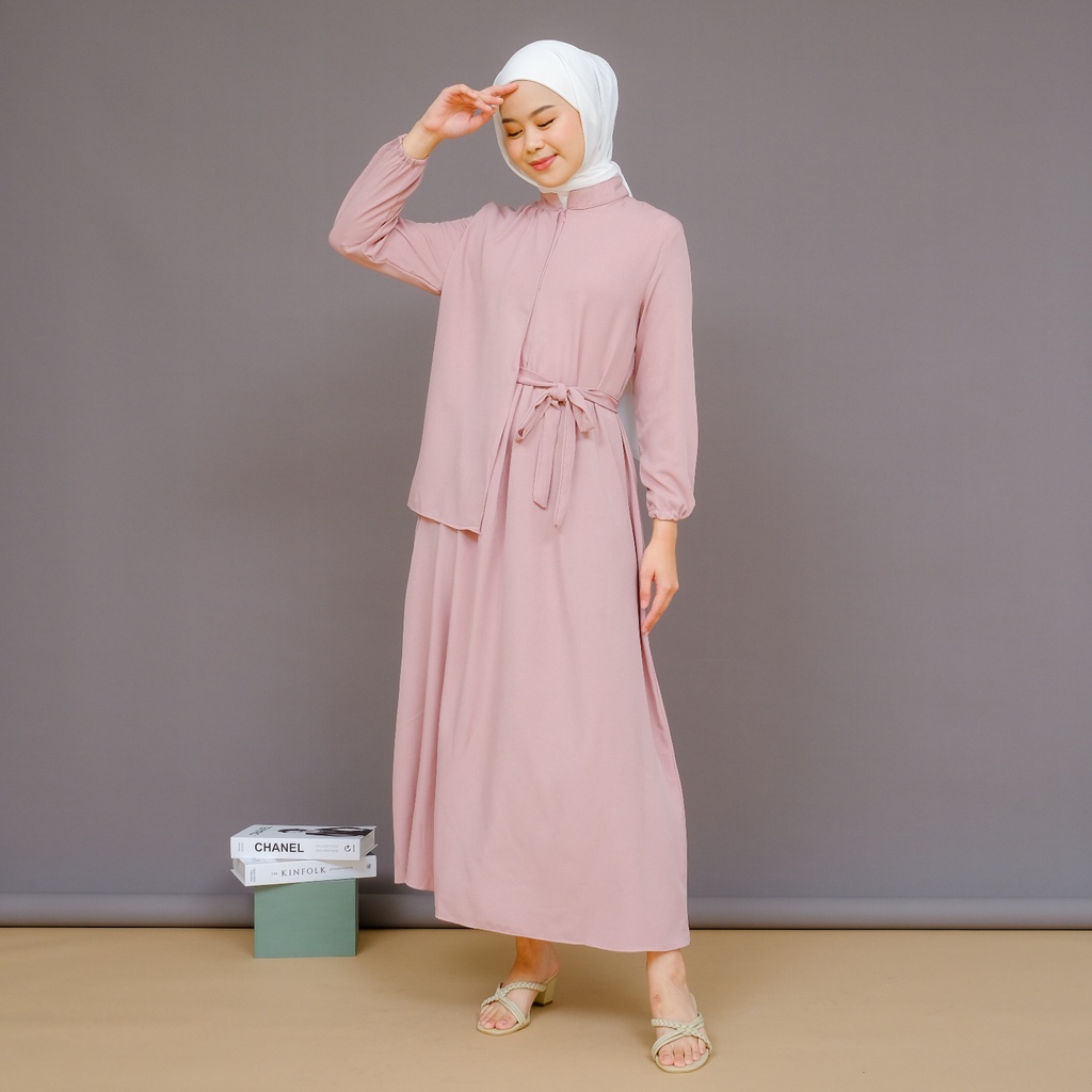 Mayoutfit Macyla Maxidress | Dress Gamis Muslim Kerah Shanghai Model Vest Lipit Tali Samping-Dustypink