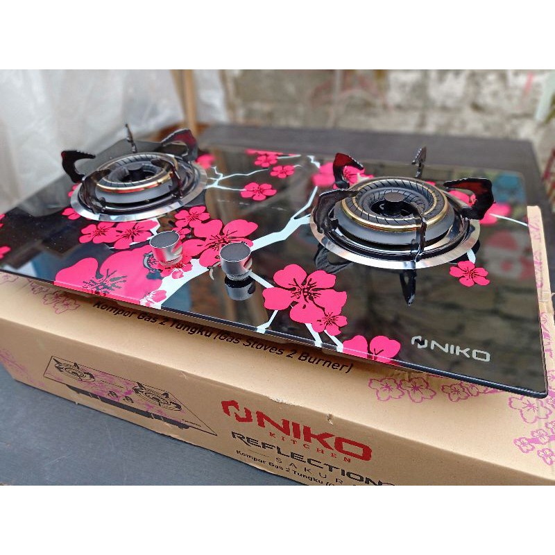 Niko Kompor Gas 2 tungku Kaca Reflection Motif Bunga Sakura ( Tempered Glass ) Bisa Tanam atau duduk