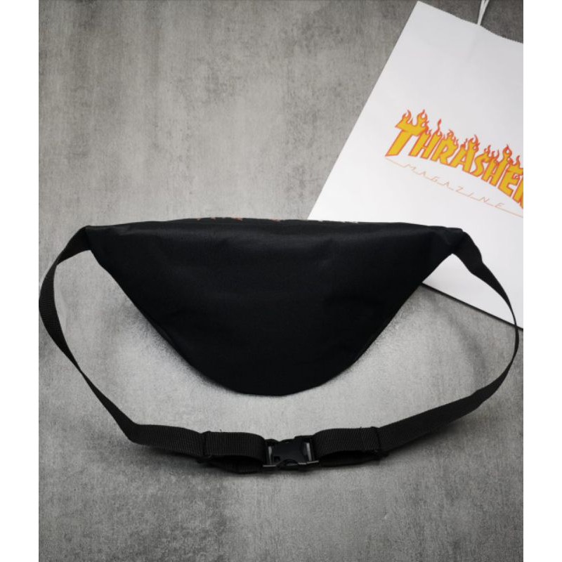 Waistbag Thrasher Flame Logo Waist Bag Black With paperbag tas pinggang pria dan wanita bonus paperbag