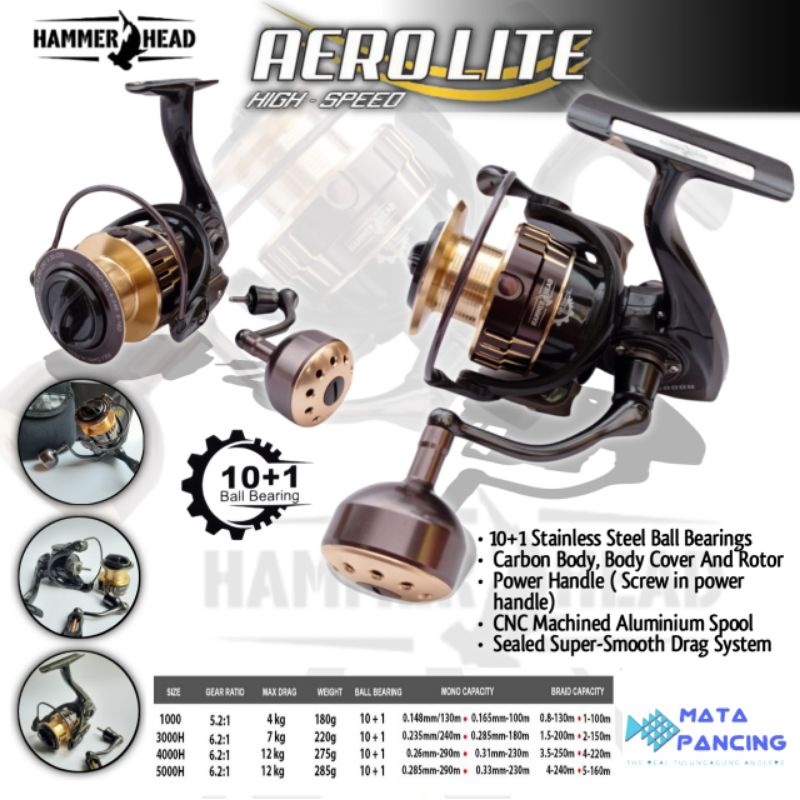 Reel hammerhead aerolite 1000 3000 5000 carbon body power handle hammerhead aerolite