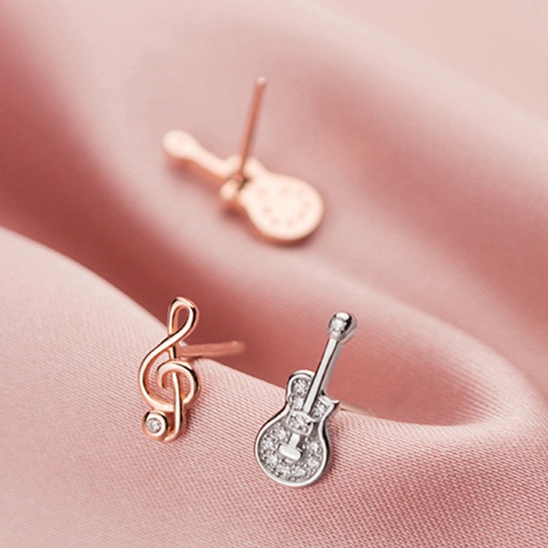 Anting Tusuk Sterling Silver 925 Wanita Desain Not Musik Gitar Asimetris Untuk Pernikahan