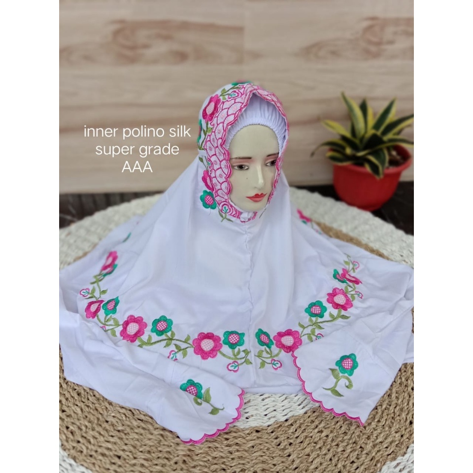 Mukena Dewasa Terusan Polino Silk Super Bordir Kudusan + Inner