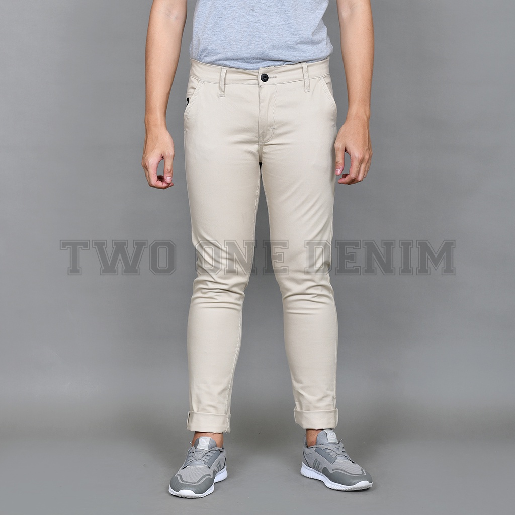 TWO ONE Celana Chino Pria Panjang Slim Fit - Chino Panjang Pria Dewasa Krem