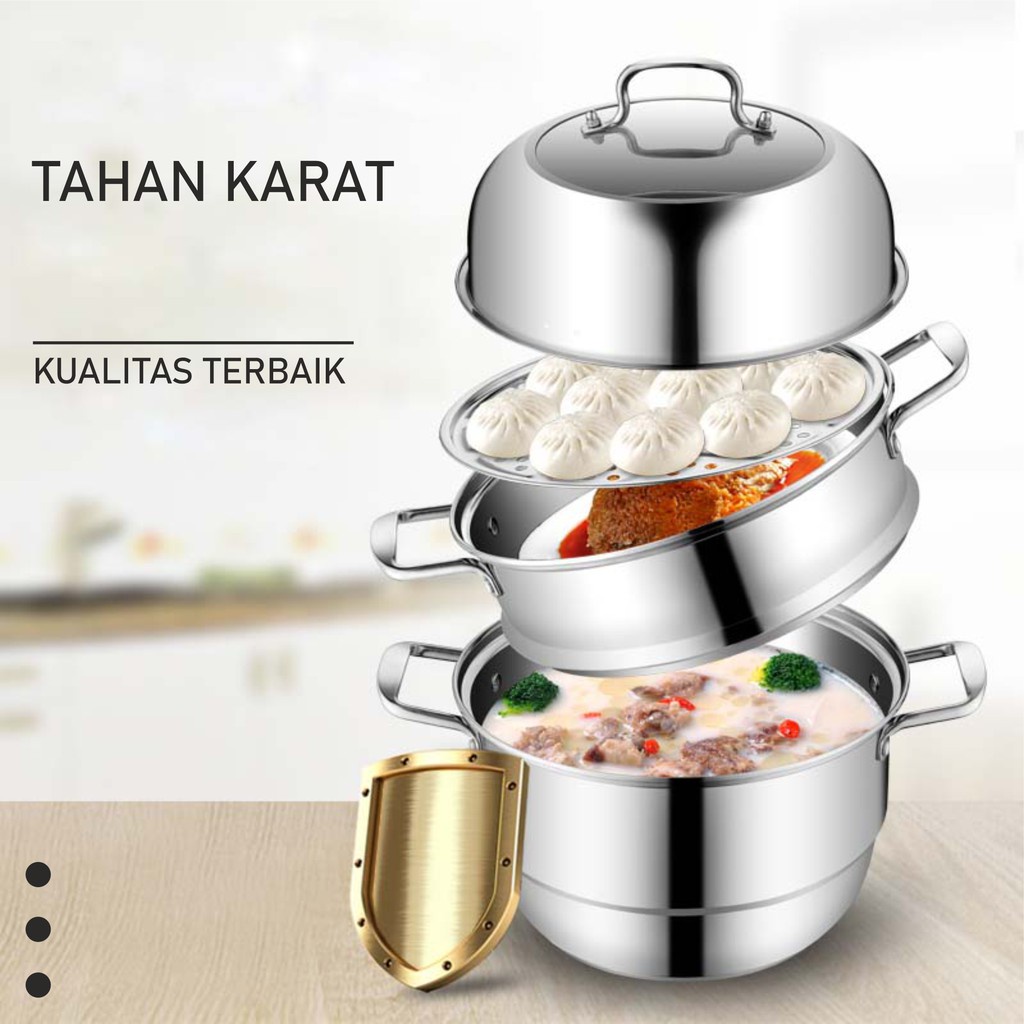 Panci Steamer Stainless Steel 3 Susun Panci Serbaguna Panci Kukus Steamer Tingkat Dimsum Kukusan