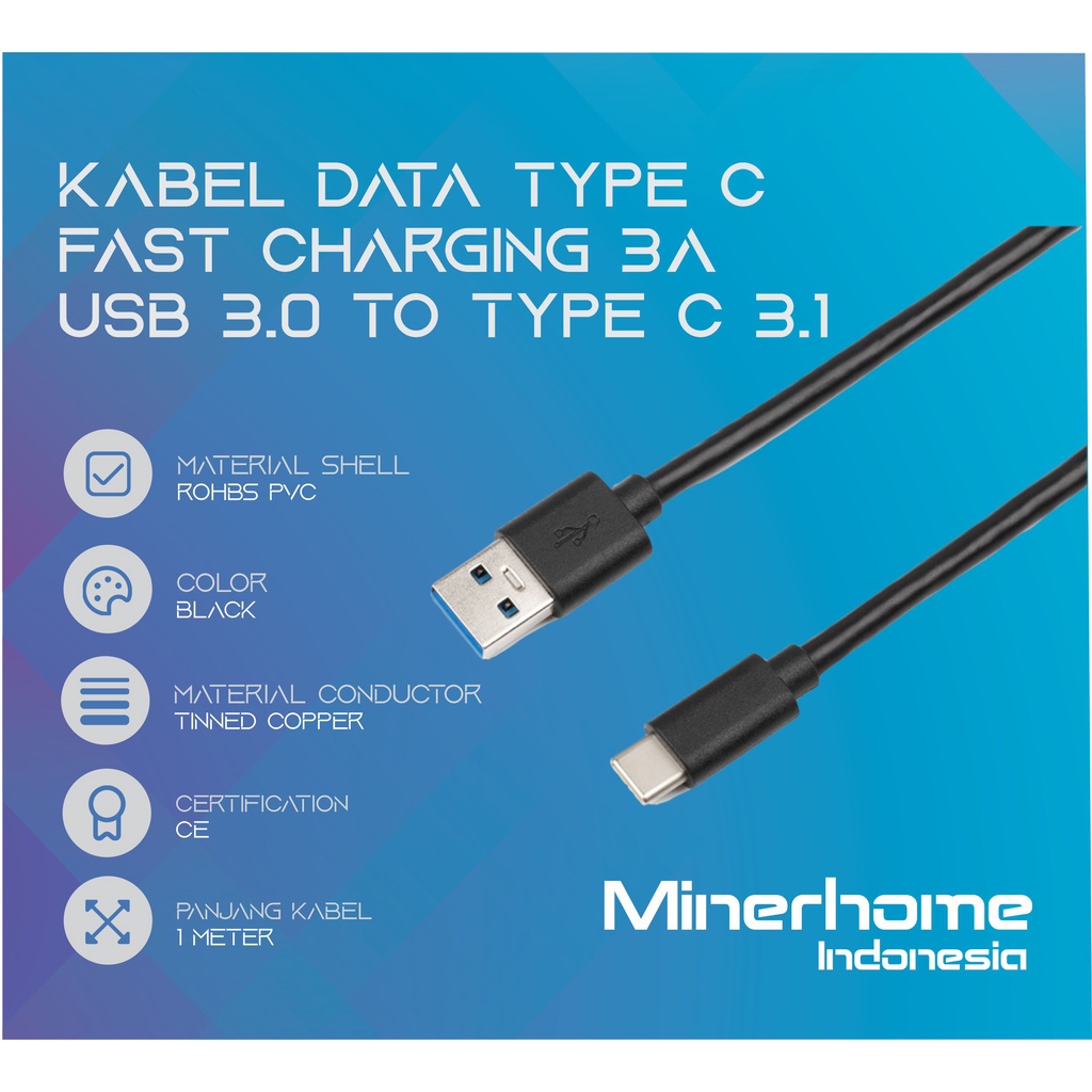 Kabel Data Type C Fast Charging 3A USB 3.0 to Type C 3.1