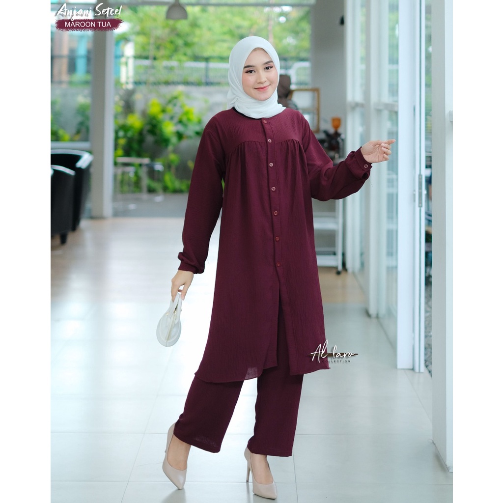 Setelan celana one set ANJANI RISA original by AL FARO atasan celana crinckle terbaru casual shabby limitted setelan wanita busui bumil tunik long kancing kemeja kerja muslim ootd fashion lylac denim army