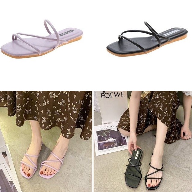 BJSB02 - BLACK/PURPLE - Sandal Flat Import Wanita Cantik SANDAL PESTA WANITA MODEL TALI SANDAL JALAN CASUAL FASHION IMPORT TERMURAH TERLARIS TERBARU BAGSTORE JAKARTA JSSB02