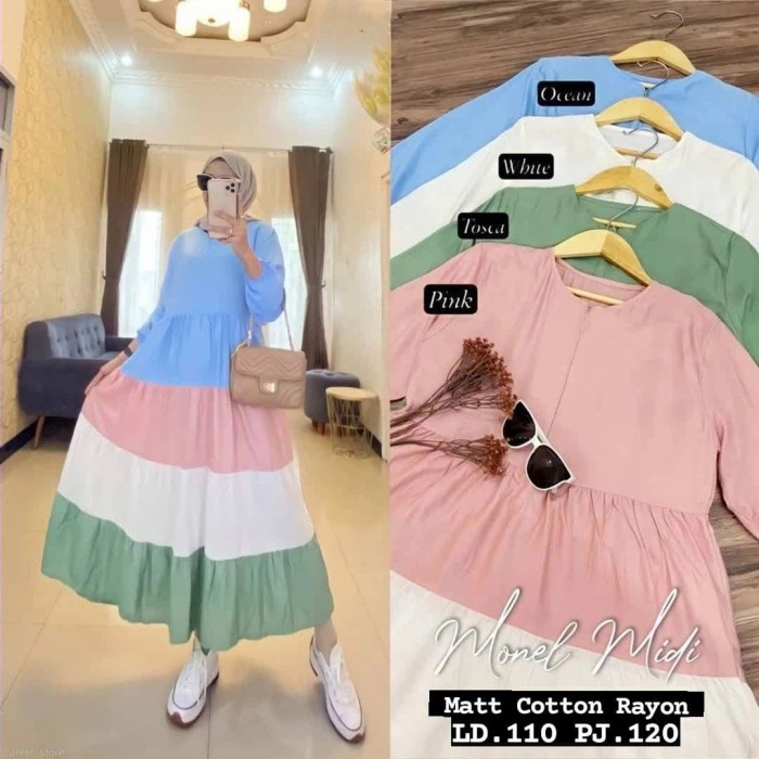 baju muslim wanita gamis jumbo monel / midi dress / dress lebaran - Biru